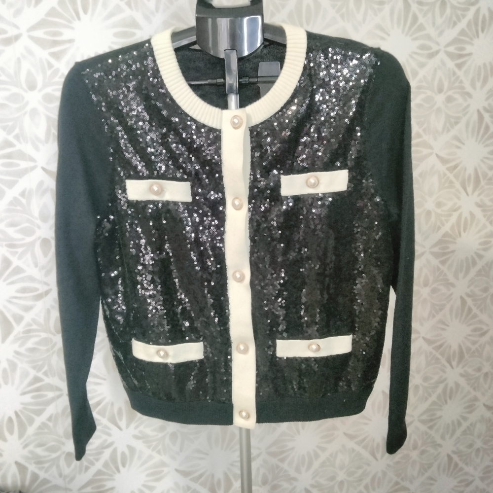 Talbots Black Sequin Jacket Cardigan Sweater Crewneck
